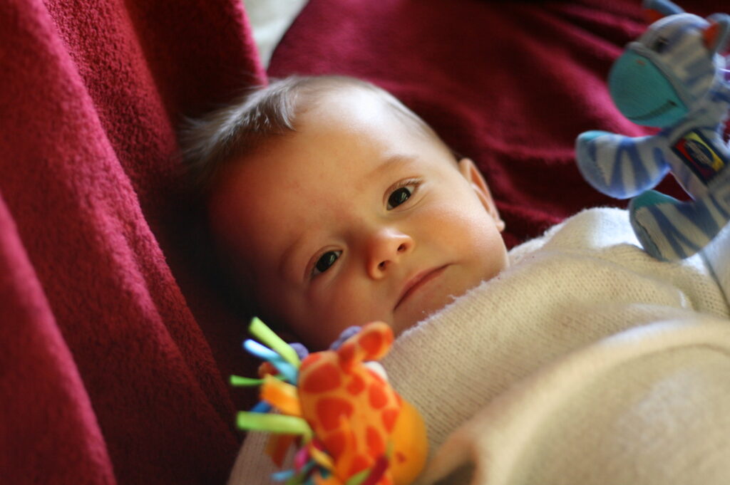 baby playing with stuffed animals